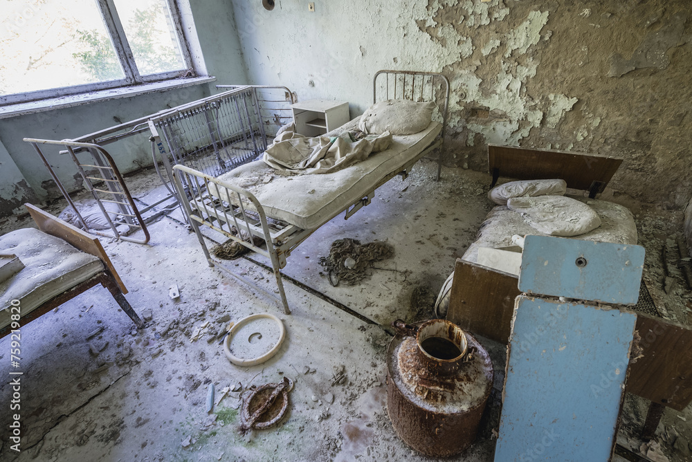 Poster Patient room in maternity ward of hospital MsCh-126 in Pripyat ghost city in Chernobyl Exclusion Zone, Ukraine