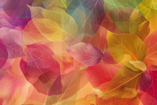 Colorful transparent background with leaves, featuring a vibrant and artistic pattern of colorful translucent leaf shapes Generative AI
