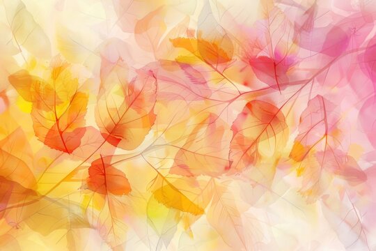 Colorful transparent background with leaves in pastel shades of yellow, orange and pink in a blurred, abstract, watercolor digital art Generative AI