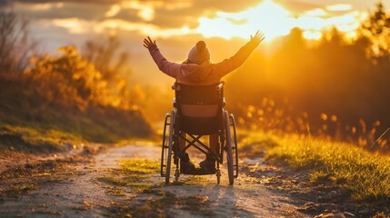 Young woman in a wheelchair in the rays of the setting sun. Concept of disability