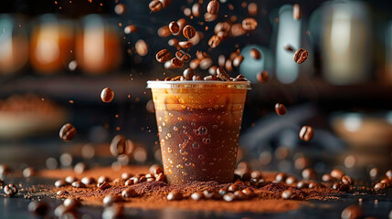 Dark aromatic roasts coffee beans levitate in the air around glass of ice coffee. Delicious drink.
