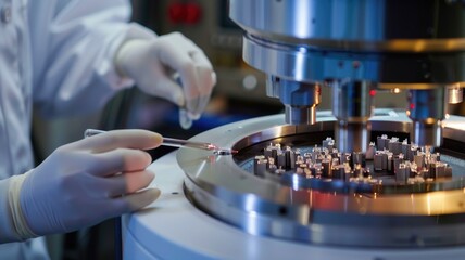 An NMR (Nuclear Magnetic Resonance) spectrometer in operation, with a scientist preparing a sample for molecular structure analysis
