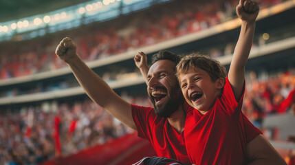 Cheerful father and son cheer for their favorite team on the football stadium. Football concept