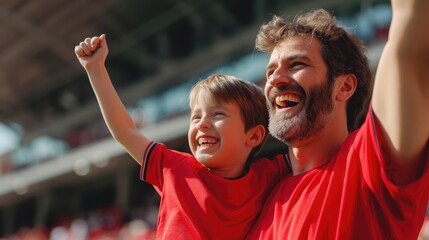 Cheerful father and son cheer for their favorite team on the football stadium. Football concept  - obrazy, fototapety, plakaty