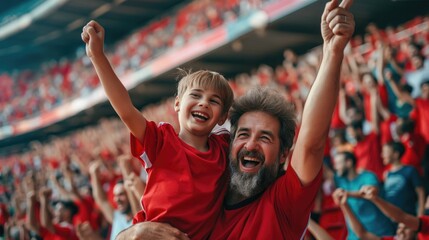 Cheerful father and son cheer for their favorite team on the football stadium. Football concept  - obrazy, fototapety, plakaty
