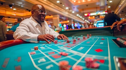 Fototapeta premium Joyful Man Playing Craps at Casino. Generative ai