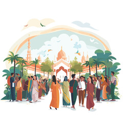 Flat vector scene of a bustling Eid prayer gatherin