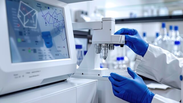 An NMR (Nuclear Magnetic Resonance) spectrometer in operation, with a scientist preparing a sample for molecular structure analysis