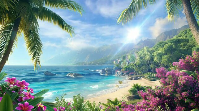 Beautiful and cool beach panorama for a place to relax. seamless looping time-lapse virtual 4k video Animation Background.