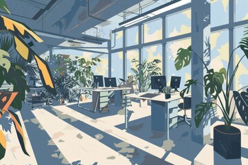 interior of office with plants and desks - 759221064