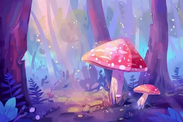 Küchenrückwand glas motiv mushroom in the forest background vector illustration © ASDF