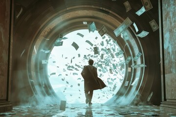 man walking towards a circular door with lots of money falling outside - 759221247