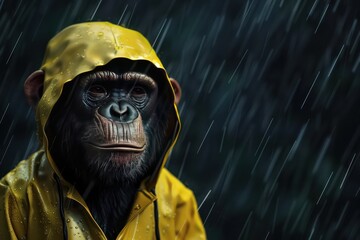 monkey wearing a yellow raincoat sits in the rain - 759221455