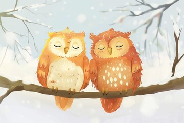 cartoon happy couple owls sitting on a branch - 759221615