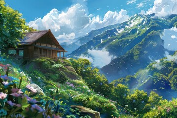 house in the mountains with flowers around it - 759221650