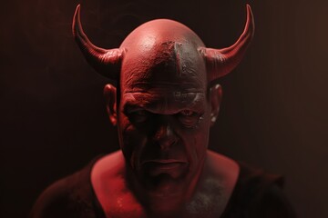 bald and scary man standing face up with horns - 759221677