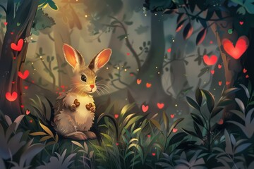 little bunny in the forest with hearts around him - 759221875