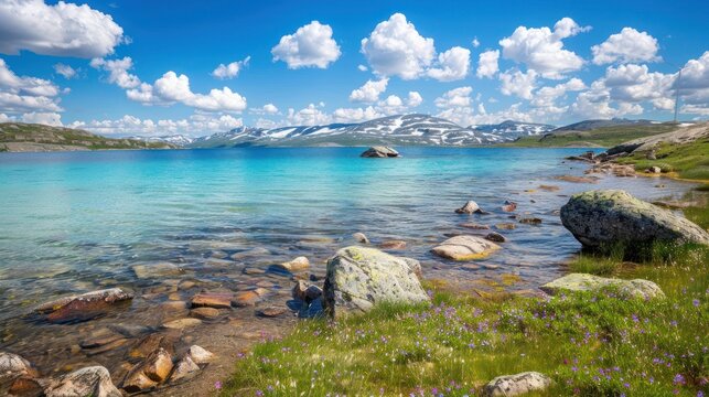 a large body of water surrounded by rocks and a lush green hillside under a blue sky with puffy white clouds.