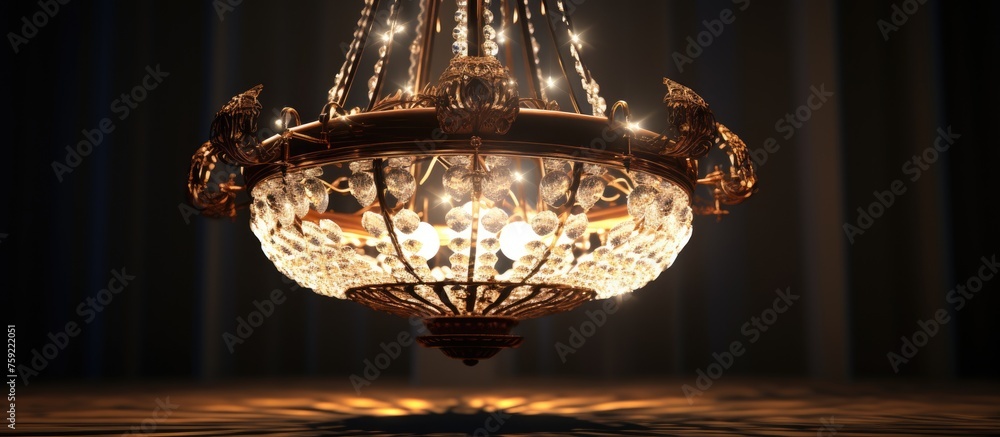 Poster a symmetrical chandelier hangs from the ceiling in a dark room, illuminating the space with light in