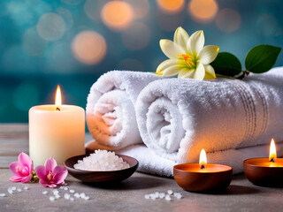 Obraz na płótnie Canvas Spa bath treatment composition with sea salt, towels, candles and delicate flowers