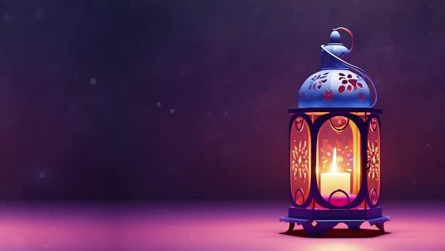 Arabic lantern lamp with candles and grain and smoke scattering effects; is perfect for background projects; 4k virtual video animation.
