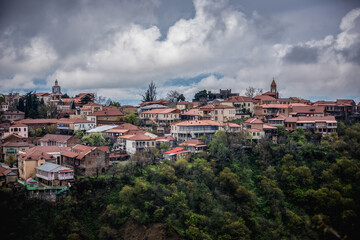 Fototapeta premium Sighnaghi town in Kakheti region, vie with clock tower of Town Hall in Georgia