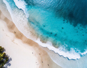 Island beach aerial top down view with blue water, waves with foam