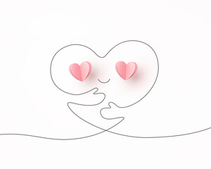 Heart with hands continuous one line contour on white background. Hug yourself and 3d paper pink signs. Vector symbols of love for Happy Children's, Mother's, Valentine's Day, birthday greeting card 