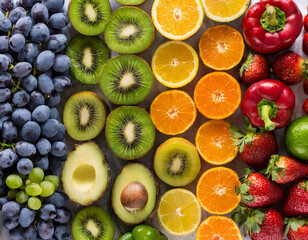 Fresh fruits and vegetables in colour order