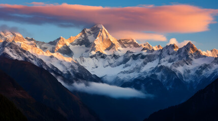 Enchanting Dawn at the DL Mountains: A Landscape of Serene Snow-Capped Peaks and Expansive Sky