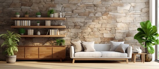 Room with Stone Wall and Wooden Decor, Home Interior Design with Bookshelf, Sofa, and Plant Vase