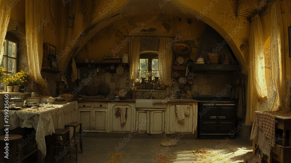 Poster a kitchen with a lot of counter space and a table in the middle of the room with a table cloth on it