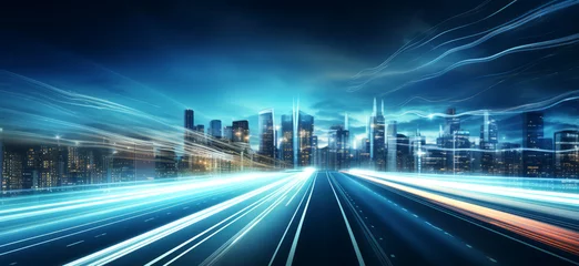 Foto op Plexiglas A futuristic cityscape comes alive under night highway in radiant light trails. The scene pulsates with energy, capturing essence of speed and innovation. Ideal for abstract backgdrop city road lights © avitali