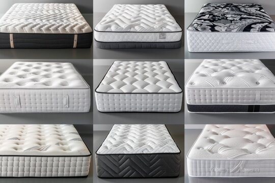 Collection of different types of mattresses isolated on white background