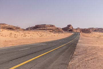 Fototapeta na wymiar Road 70 through desert near Al Ula, Saudi Arabia