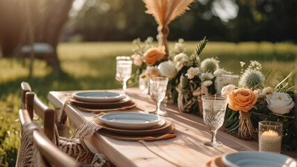 Table arrangement for summer boho garden party - Powered by Adobe