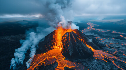 Aerial view of an active volcano erupting with flowing lava and smoke against a dramatic landscape.
