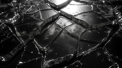 Abstract background of shattered glass pieces in monochrome tones.