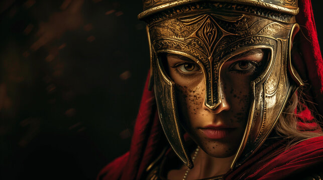 Mysterious female warrior in golden helmet and red cloak, intense gaze, dark moody background.