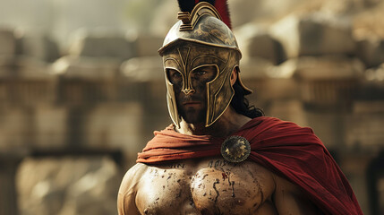 Ancient warrior in helmet and armor with a focused expression, historical reenactment concept.