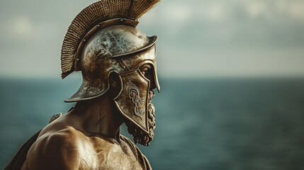 ancient Greek warrior with a helmet, gazing over the sea.