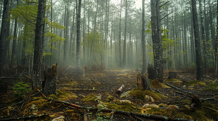 Misty forest with tall trees and a carpet of fallen leaves, conveying a serene and mysterious atmosphere.