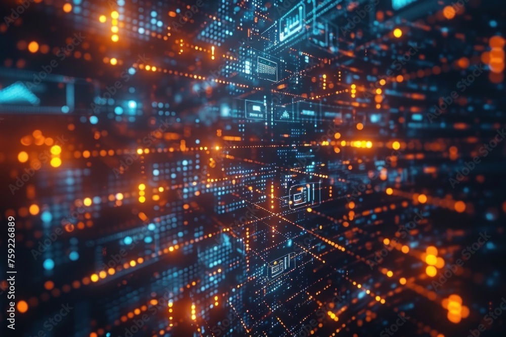 Poster binary code tech background with glowing lights, futuristic digital cyberspace concept