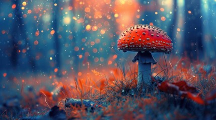 a close up of a mushroom in a field of grass with rain drops on the ground and trees in the background. - obrazy, fototapety, plakaty