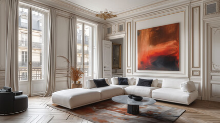Elegant living room with white sofa, orange accents, large painting, and indoor plant.