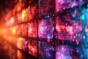 Glowing digital screens in a dark room with a focus on a central screen.