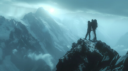 Two climbers on a mountain peak with sunrise and misty landscape in the background. - obrazy, fototapety, plakaty