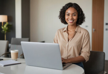 A smart casual professional works on a laptop with a focused expression. Her beige shirt adds a touch of sophistication.
