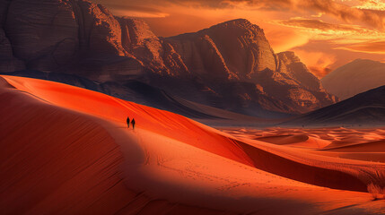 Two people walking on a vast desert with red sand dunes under a dramatic sunset sky.