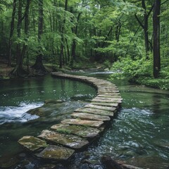 Fototapeta premium A water bridge over a river links forested banks, creating a paradoxical path.